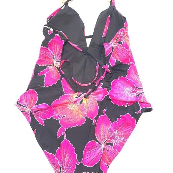 Trina Turk fleury pink black hibiscus flower one piece swimsuit size 14 new - Picture 12 of 14